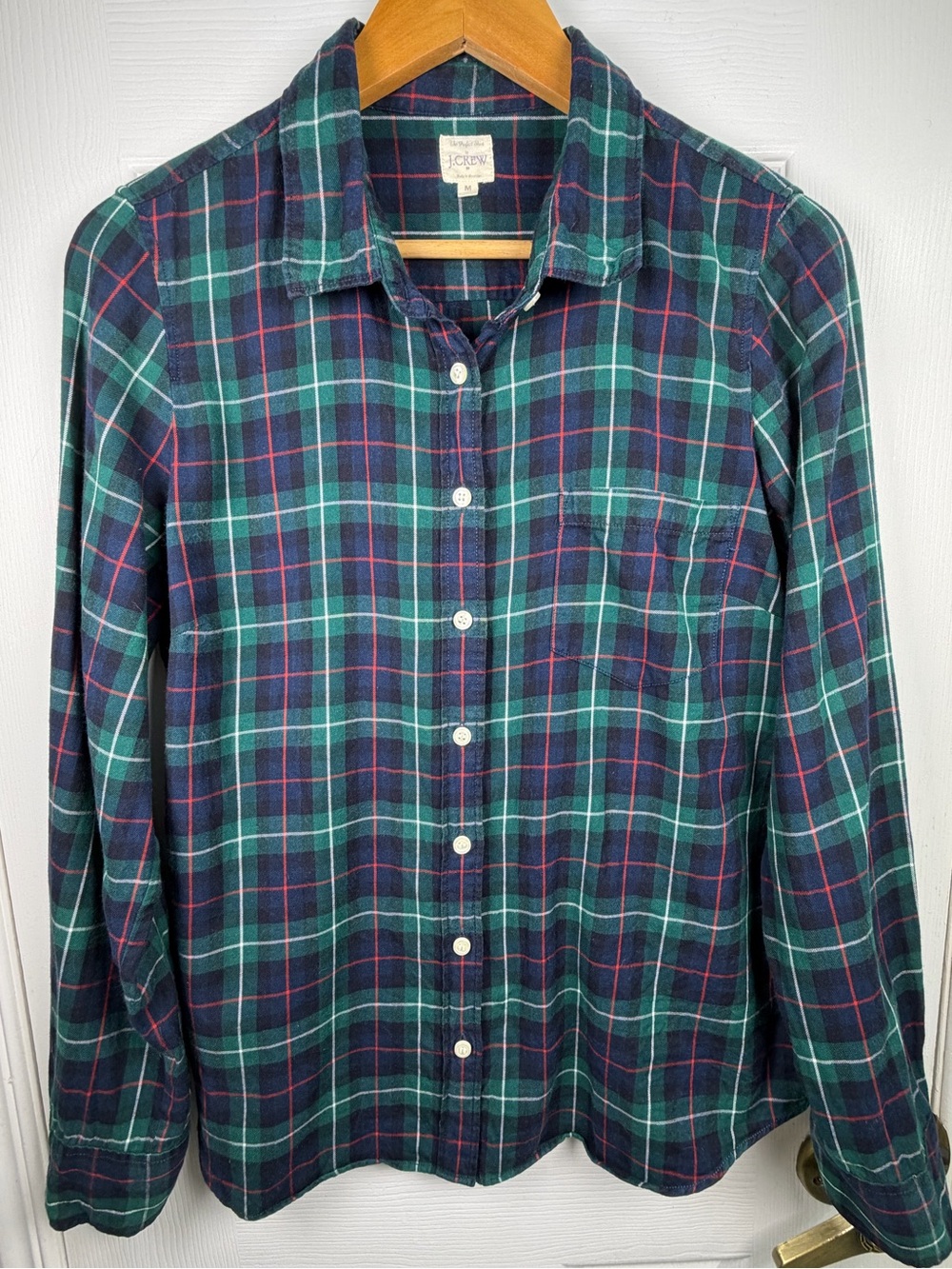 J.Crew Green Navy Red Plaid Flannel Shirt Women's M Cotton Grunge Cottagecore